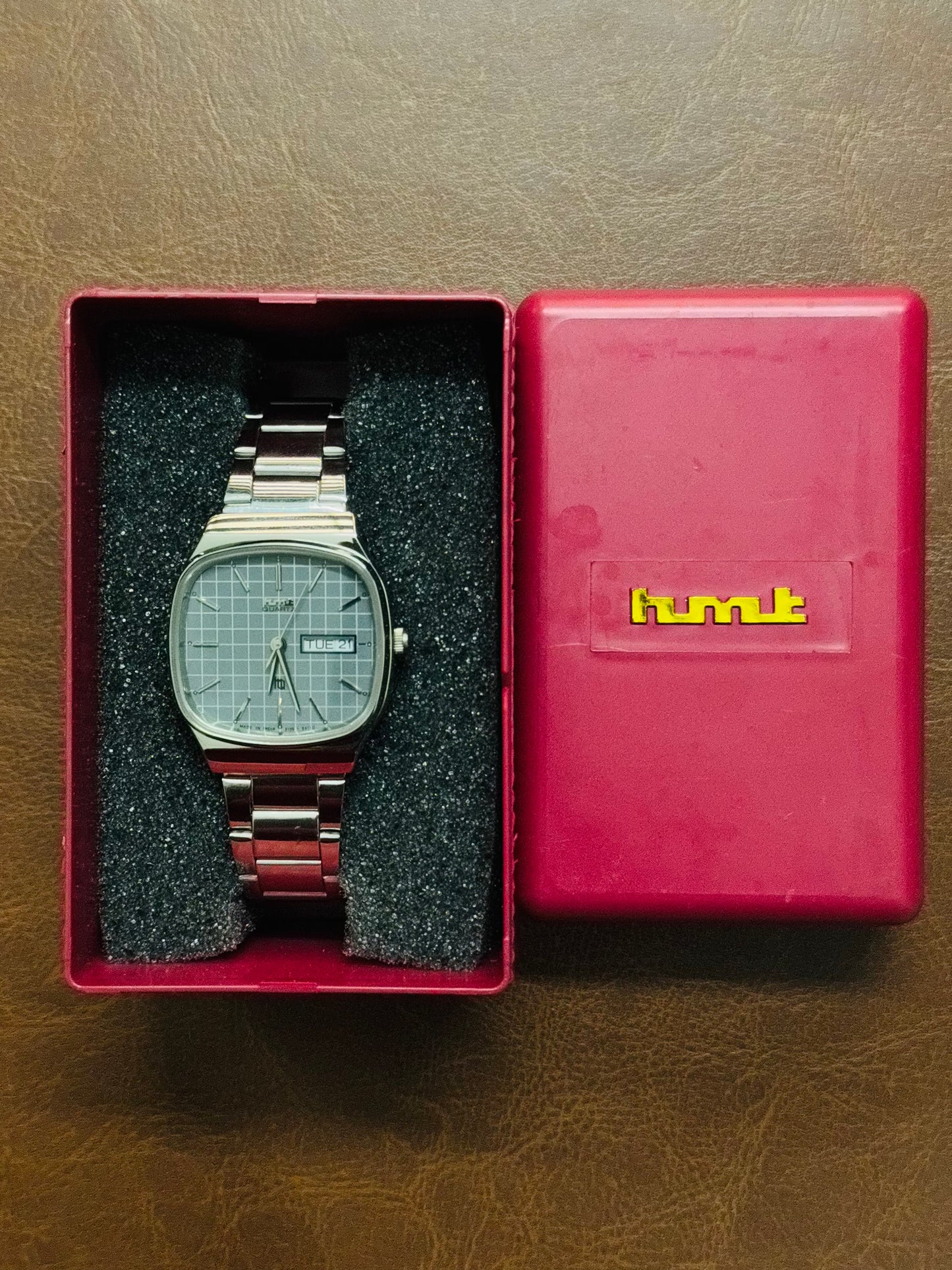 NOS HMT Sangam Grey Grid Dial Watch with Original Box