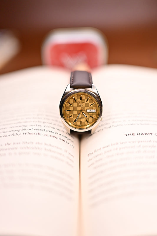 Vintage Seiko 5 Automatic Checkerboard Gold Dial JDM Open Caseback Original Bracelet (7S26-00X0) | Watchex India