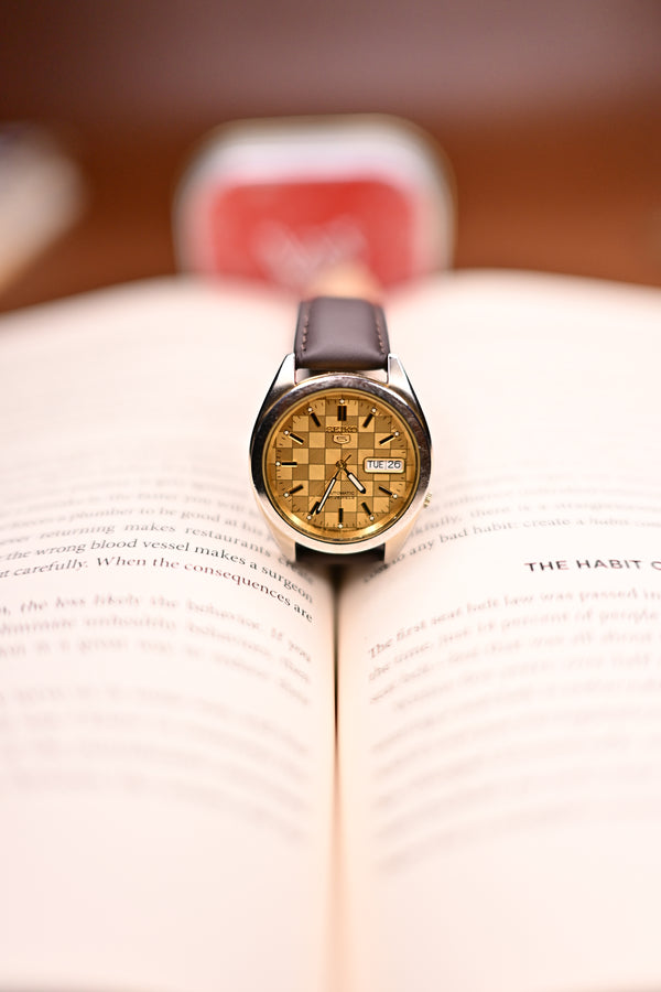 Vintage Seiko 5 Automatic Checkerboard Gold Dial JDM Open Caseback Original Bracelet (7S26-00X0) | Watchex India