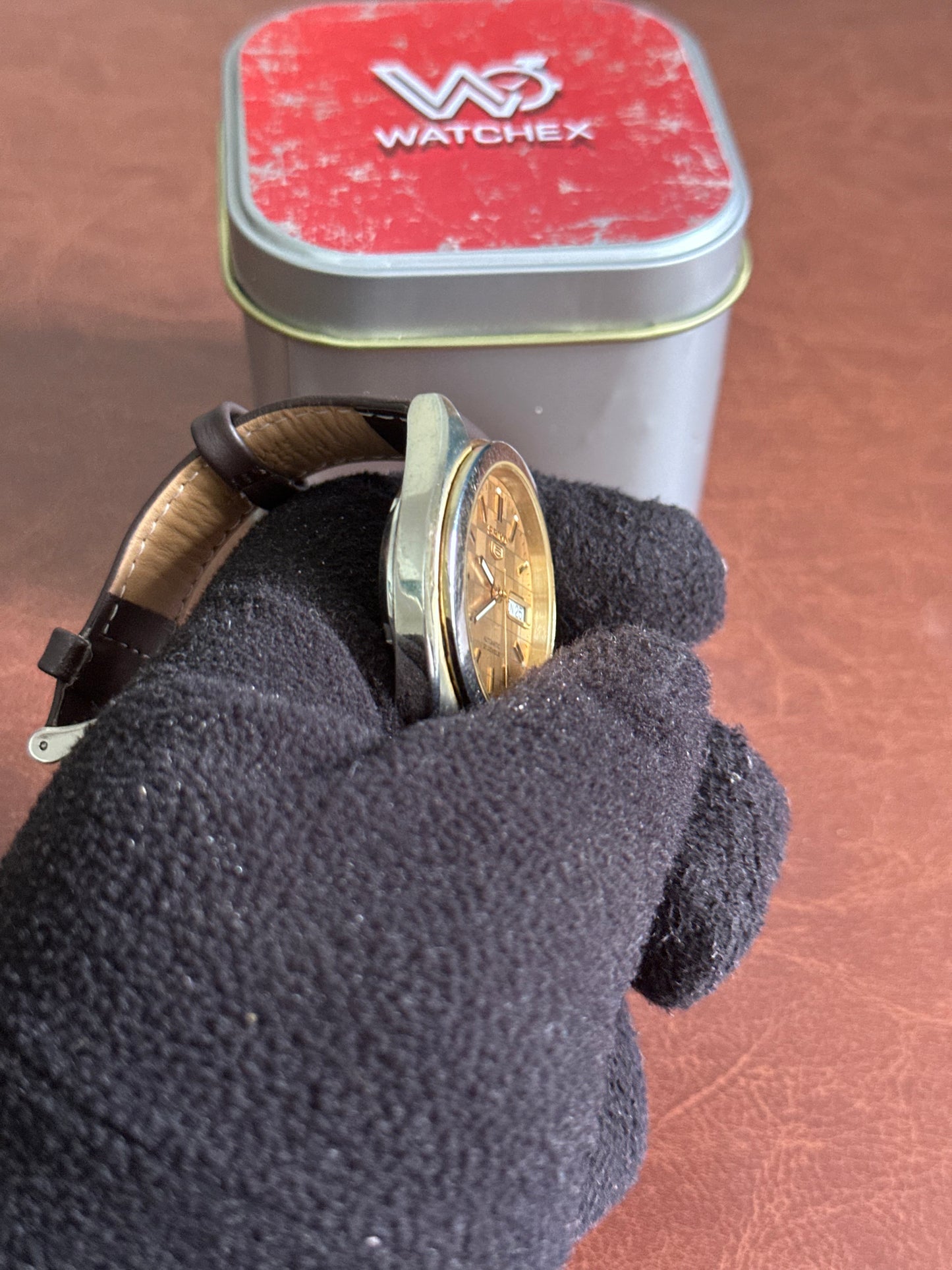 Vintage Seiko 5 Automatic Checkerboard Gold Dial JDM Open Caseback Original Bracelet (7S26-00X0) | Watchex India