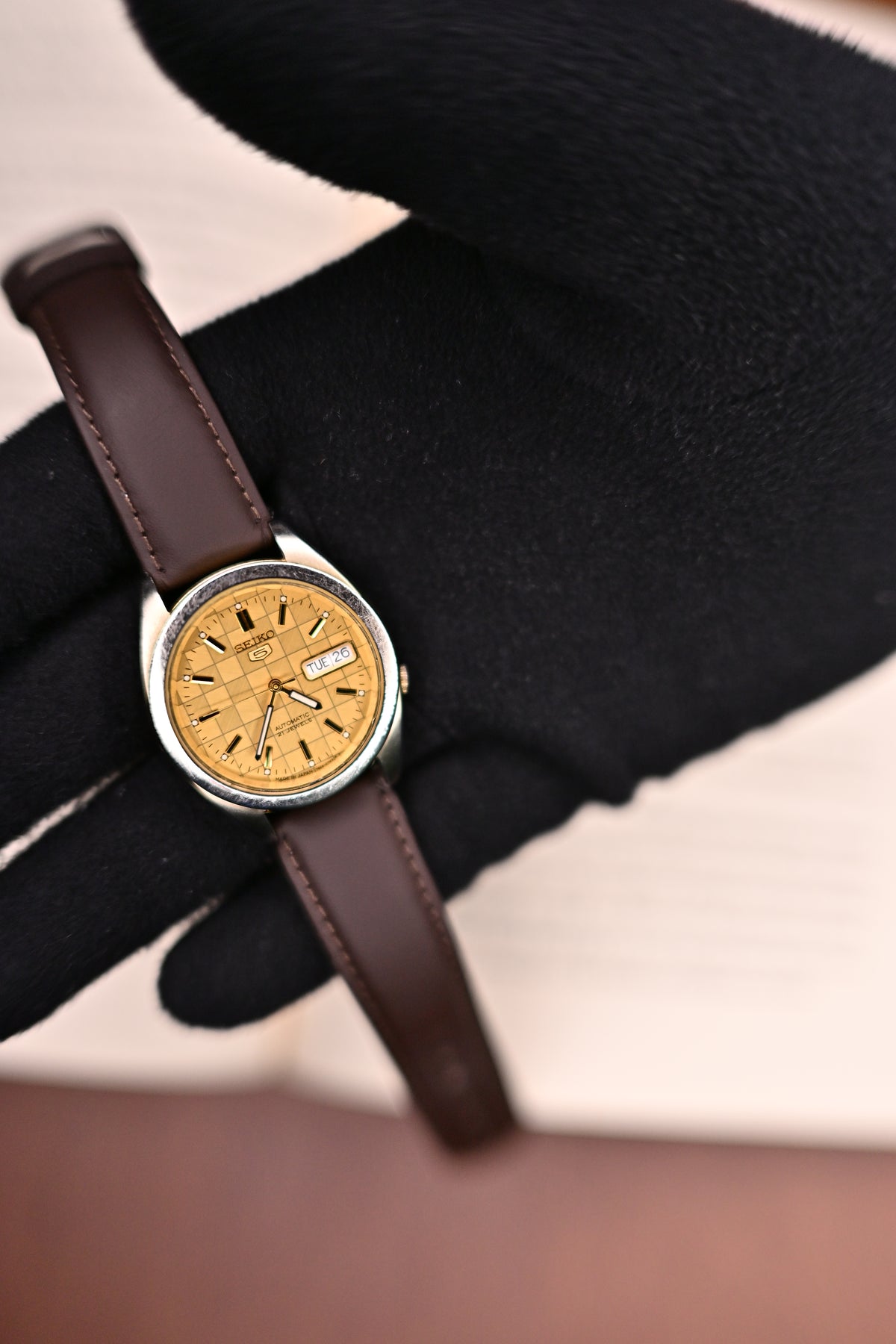 Vintage Seiko 5 Automatic Checkerboard Gold Dial JDM Open Caseback Original Bracelet (7S26-00X0) | Watchex India