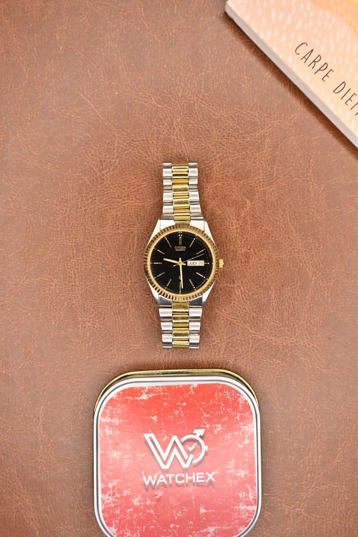 Citizen Quartz Two-Tone Black Dial Fluted Bezel Men’s Dress Watch (Rare) | Watchex Vintage Collection