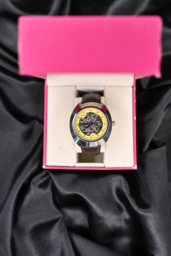NOS HMT Skeleton Automatic SASL-03 Yellow Open-Heart Dial Blue Hands — Watchex India