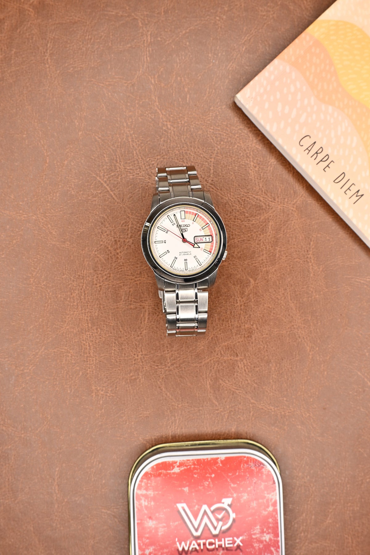 Seiko 5 Automatic Silver Dial Red-Accented Sports Men’s Wristwatch | Watchex India Vintage Collection