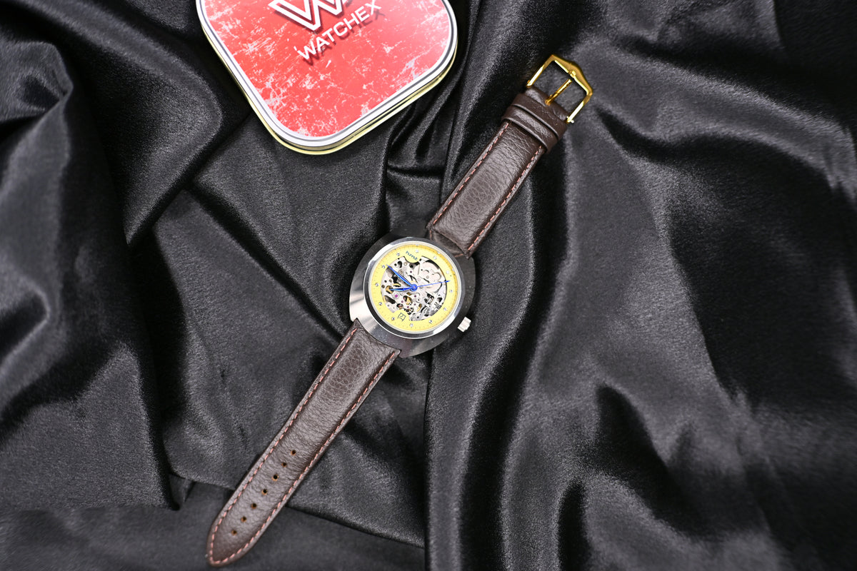 NOS HMT Skeleton Automatic SASL-03 Yellow Open-Heart Dial Blue Hands — Watchex India