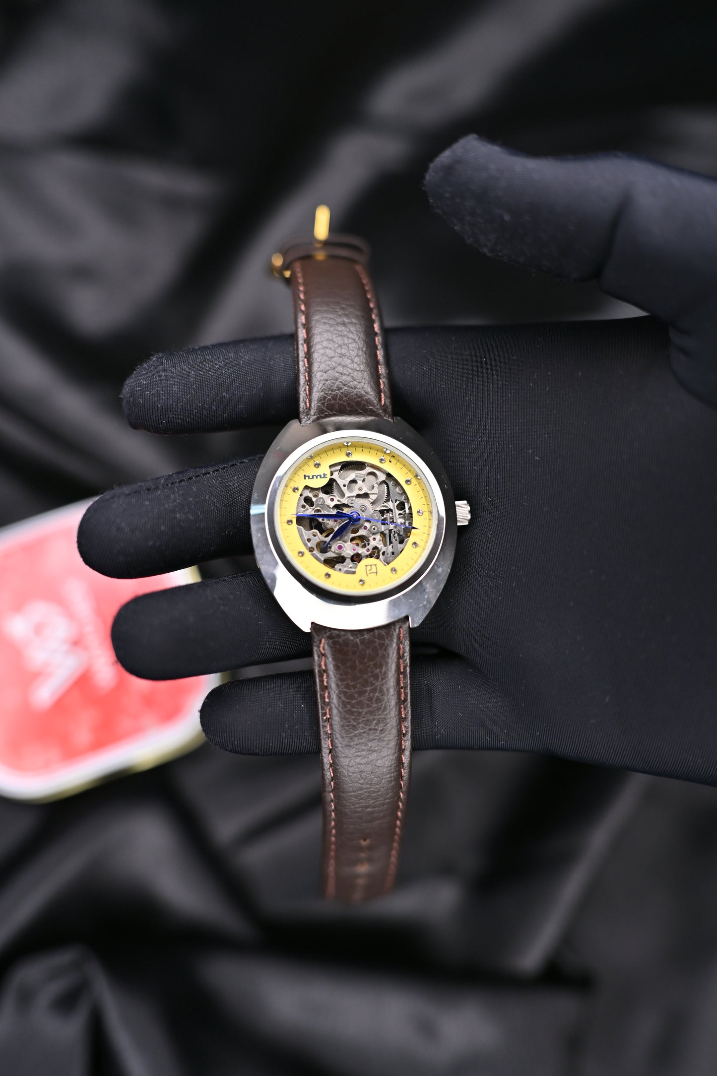NOS HMT Skeleton Automatic SASL-03 Yellow Open-Heart Dial Blue Hands — Watchex India