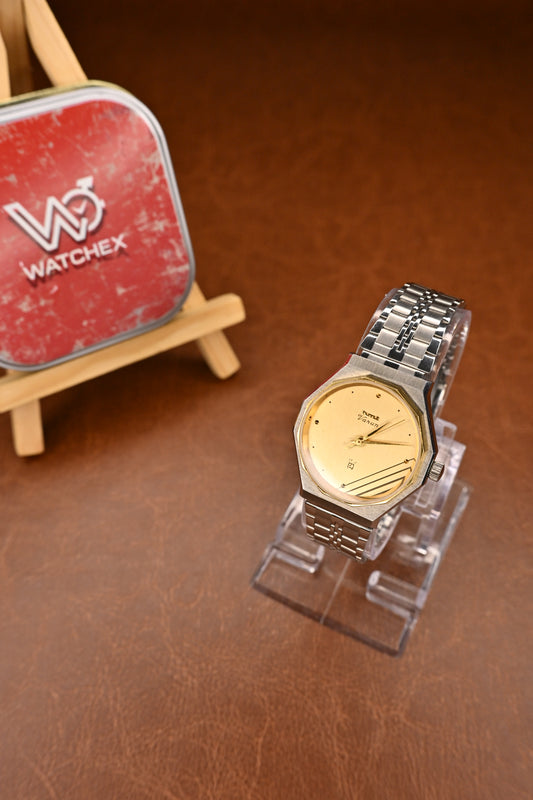 NOS HMT Varun Mechanical Gold-Dial Dress Watch – Stainless Steel Bracelet | Watchex NOS Collection